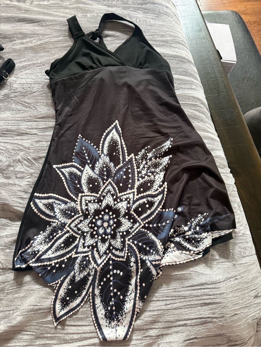 Black Floral Swimdress with White & Navy Pattern